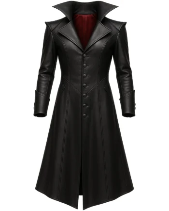 Black women's Halloween long coat with high collar, long sleeves, structured seams, flared hem, and visible red lining from the side view