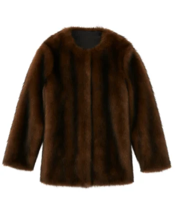 Women's brown fluffy fur jacket with long sleeves, round neck, straight hem, and a dark rear neckline inset shown from front and back