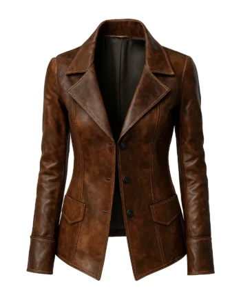 Women's brown leather-style blazer jacket with notched lapels, three buttons, flap pockets, long sleeves, and shaped back seams