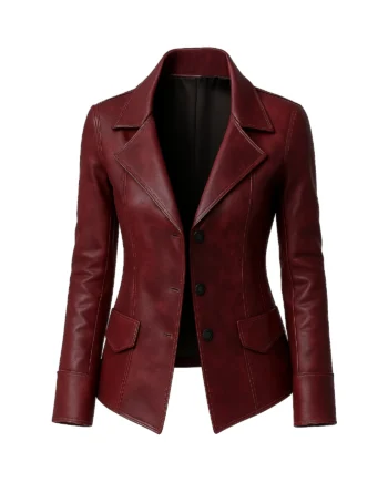 Women's burgundy red leather-style blazer jacket with notched lapels, black lining, button front, flap pockets, and long sleeves