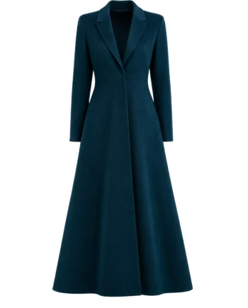Navy blue Agatha Harkness inspired trench coat with long sleeves, lapel collar, shaped waist, side pockets, and full-length hem