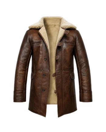 Brown Bane-inspired long coat with cream fur collar, button front, chest pockets, panel seams, and extended back vent from The Dark Knight Rises