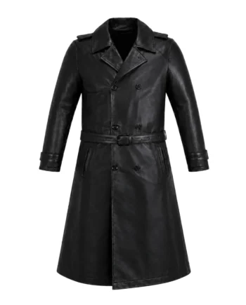 Black men's trench coat with wide lapels, button front, belted waist, long sleeves, shoulder tabs, and extended black hem