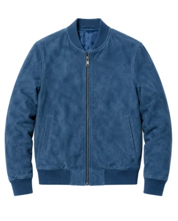 Blue Brad Pitt F1 The Movie inspired bomber jacket with textured surface, front zipper, ribbed collar, pockets, and long sleeves
