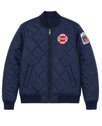 Navy quilted Chicago Fire Squad 3 bomber jacket with front department patch, number 3 sleeve emblem, ribbed trim, and SQUAD back lettering