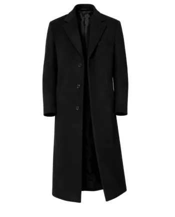 Black American Psycho inspired trench coat with notched lapels, button front, angled pockets, long sleeves, and a vented back