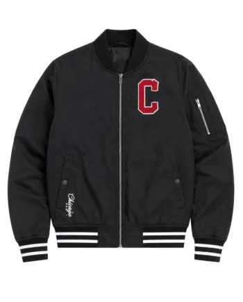 Black Cleveland Guardians inspired bomber jacket with red and white C patch, striped cuffs and waistband, shown with front and back details