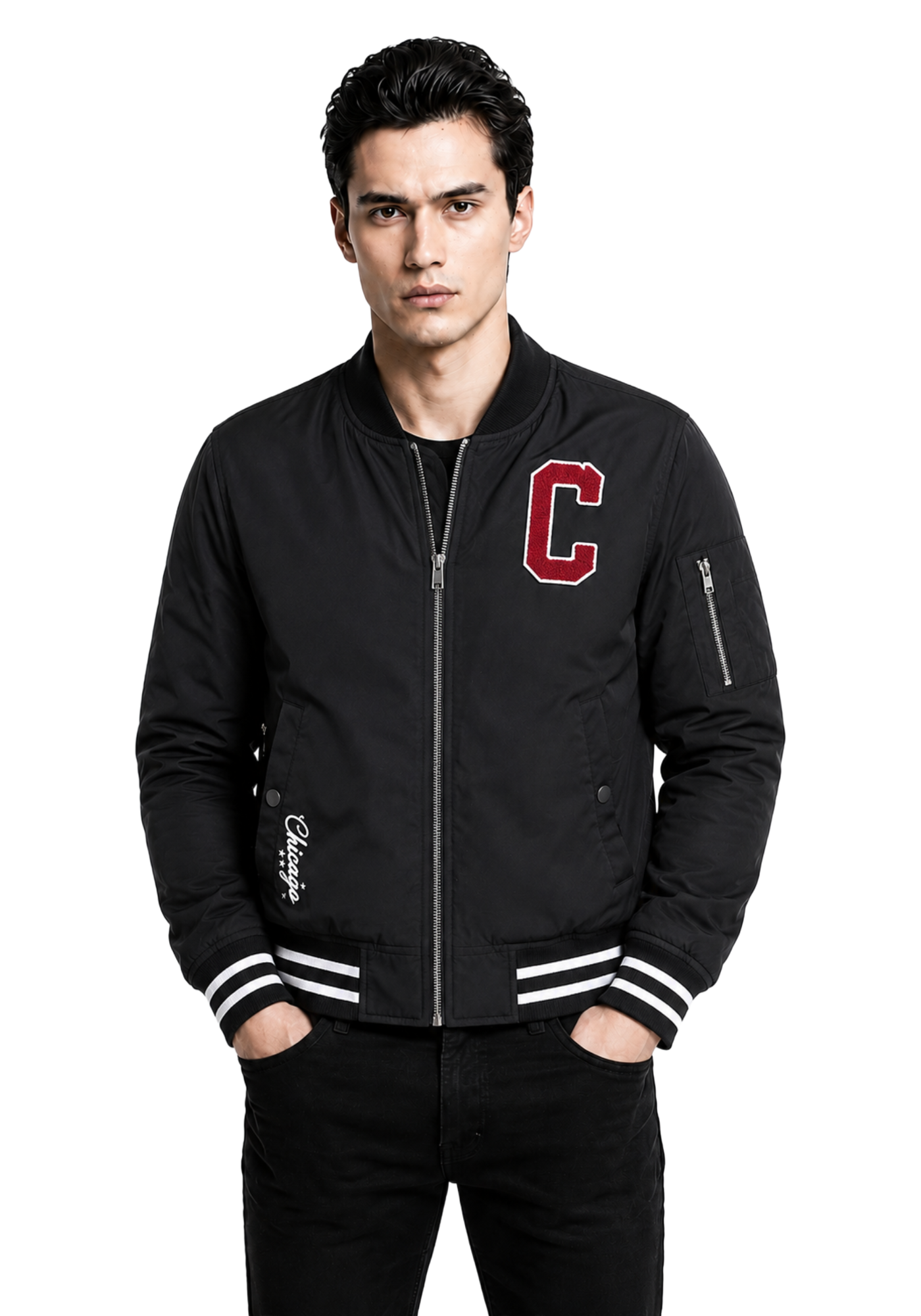 Black Cleveland Guardians inspired bomber jacket with red and white C patch, striped cuffs and waistband, shown with front and back details