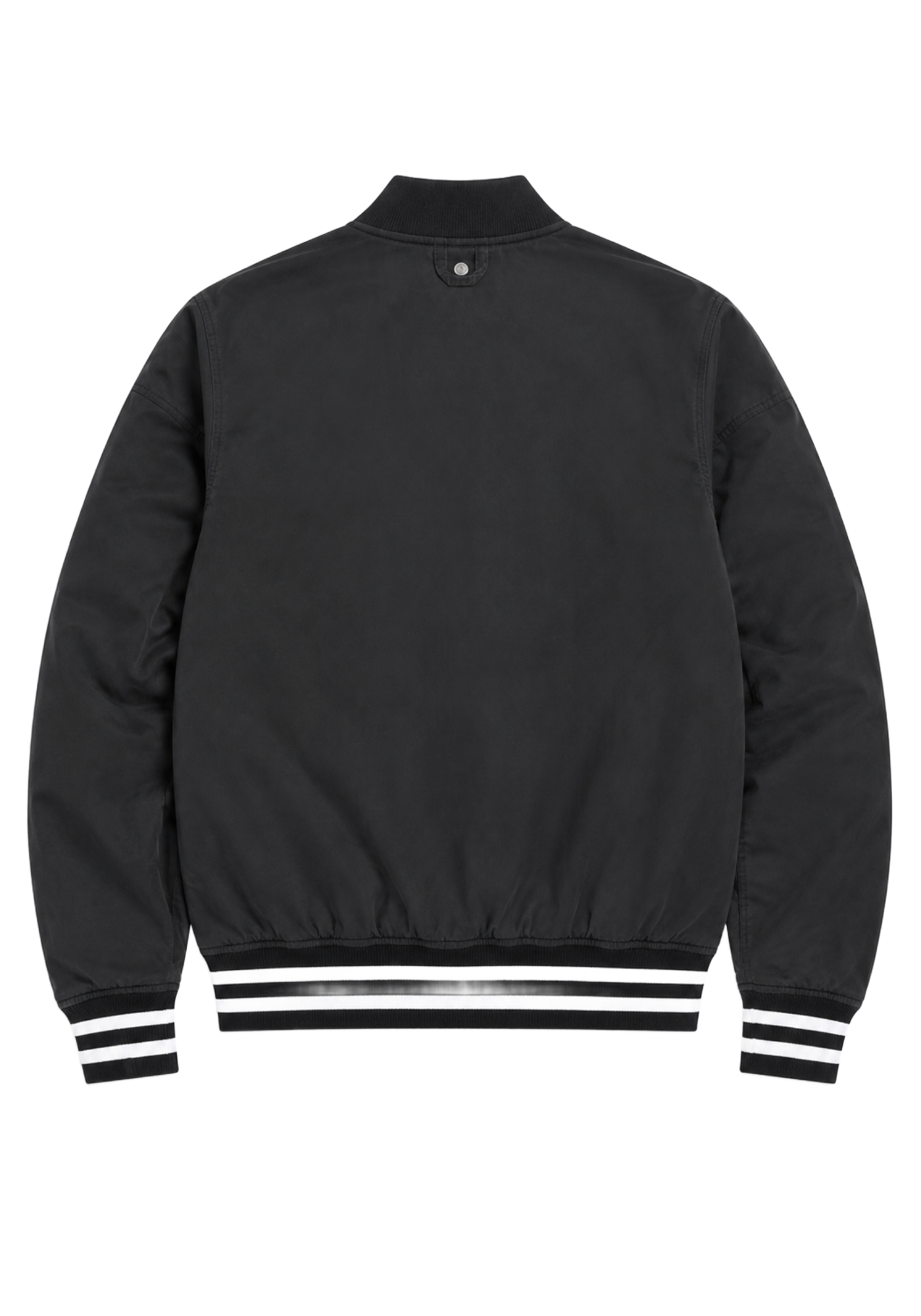 Black Cleveland Guardians inspired bomber jacket with red and white C patch, striped cuffs and waistband, shown with front and back details