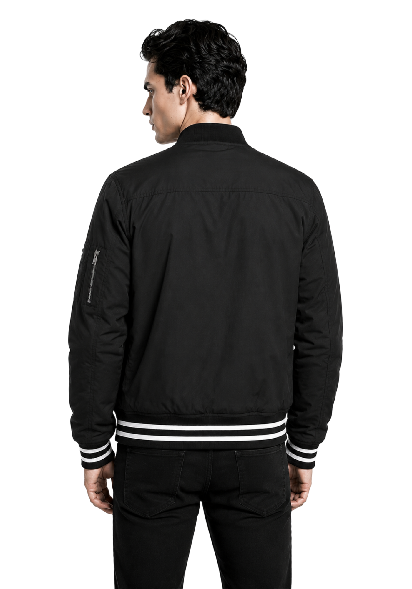 Black Cleveland Guardians inspired bomber jacket with red and white C patch, striped cuffs and waistband, shown with front and back details