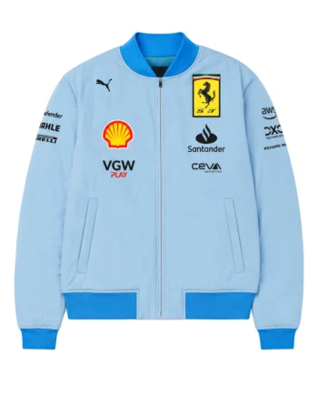 Light blue Ferrari-inspired varsity jacket with blue ribbed collar and cuffs, front racing sponsor graphics, zipper, and rear shield patch