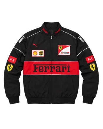 Black and red Ferrari-inspired F1 jacket with raised collar, white piping, sponsor patches, red torso stripe, and long sleeves