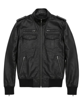 Black Jake Peralta inspired jacket with stand collar, zippered chest pockets, flap pockets, shoulder tabs, ribbed hem, and long sleeves