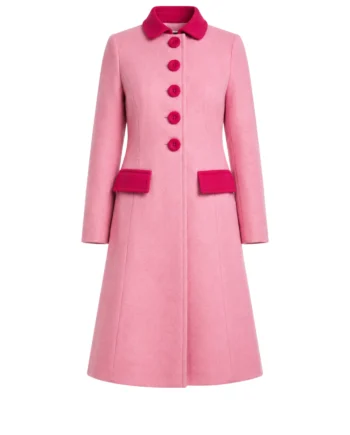 Jenna Bush Hager inspired pink long coat with magenta collar, buttons, pocket flaps, patterned surface, and back waist tabs