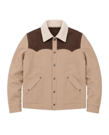 Beige John Dutton inspired western jacket with brown shoulder yoke, cream sherpa collar, button front, long sleeves, and angled pockets