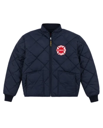 Navy quilted bomber jacket inspired by Kelly Severide with rib-knit trim, Chicago Fire chest emblem, and yellow SQUAD back lettering