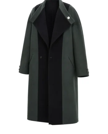 Dark green and black Kevin Smith-inspired long coat with wide lapels, front pockets, button cuffs, and a centered rear panel