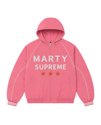 Pink Marty Supreme inspired hooded jacket with white piping, striped cuffs, gold stars, and graphic lettering shown from front and back views