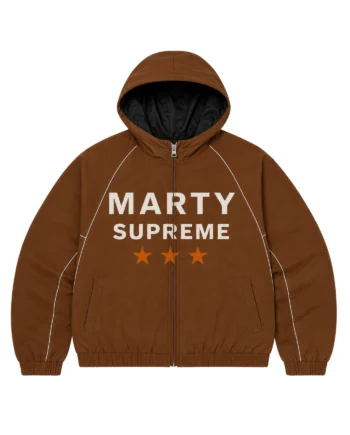 Brown Marty Supreme hooded bomber jacket with white piping, chest lettering, orange stars, and large USA graphic on the back