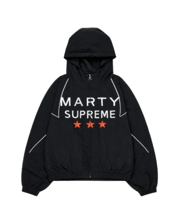 Black Marty Supreme inspired hooded jacket with white piping, orange stars, long sleeves, elastic cuffs, and printed back detail