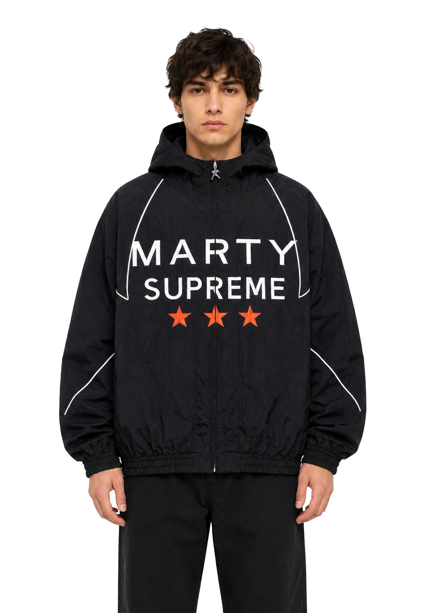 Black Marty Supreme inspired hooded jacket with white piping, orange stars, long sleeves, elastic cuffs, and printed back detail