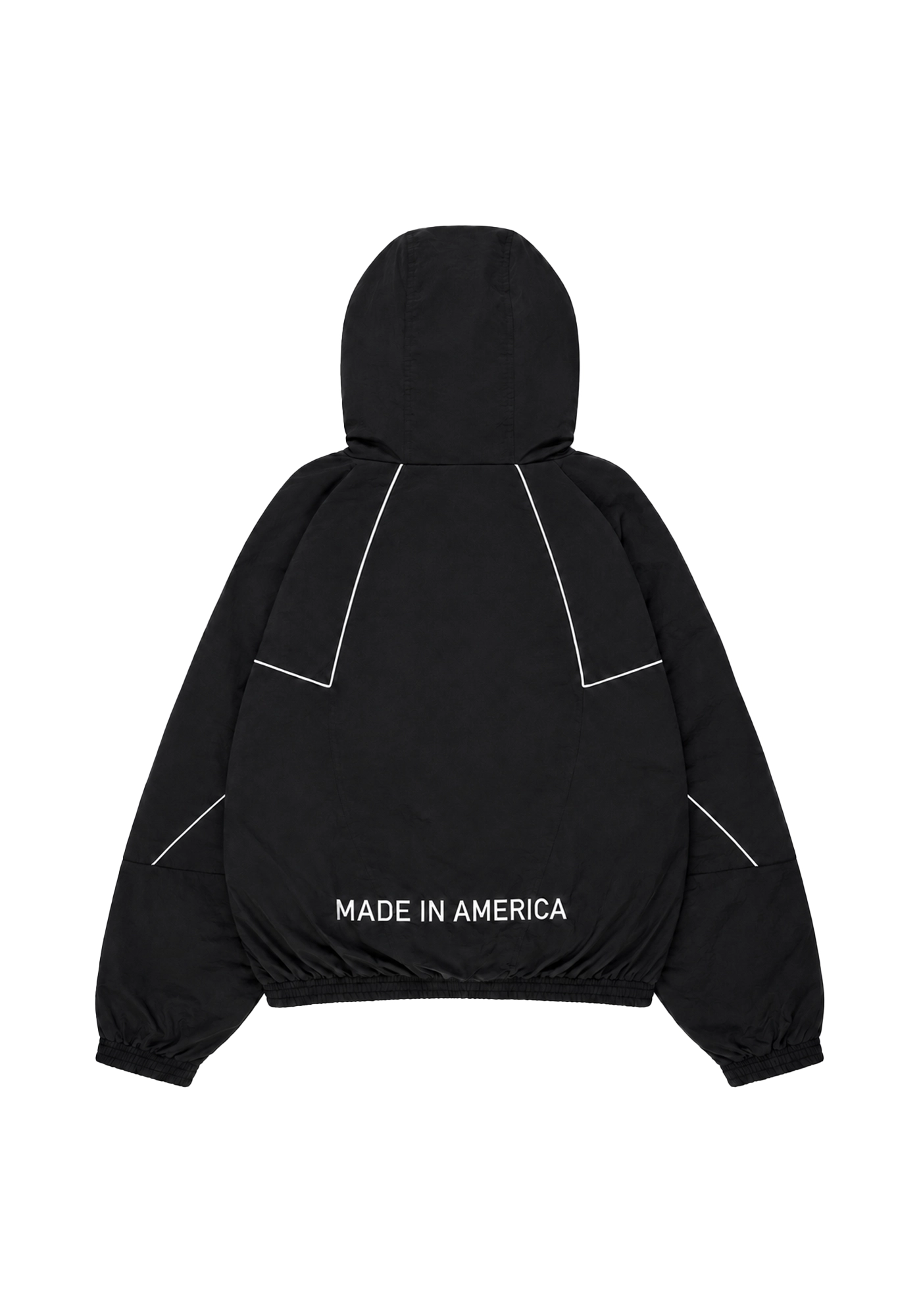 Black Marty Supreme inspired hooded jacket with white piping, orange stars, long sleeves, elastic cuffs, and printed back detail