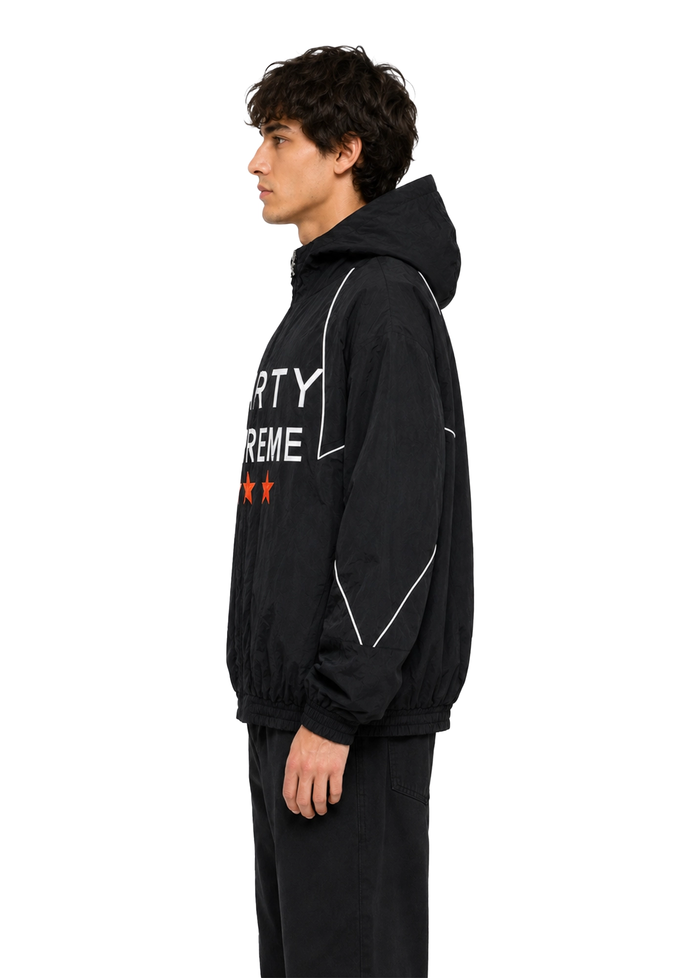 Black Marty Supreme inspired hooded jacket with white piping, orange stars, long sleeves, elastic cuffs, and printed back detail