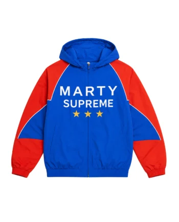 Blue and red hooded Marty Supreme-inspired jacket with white piping, front graphic text, yellow stars, long sleeves, and ribbed hem.