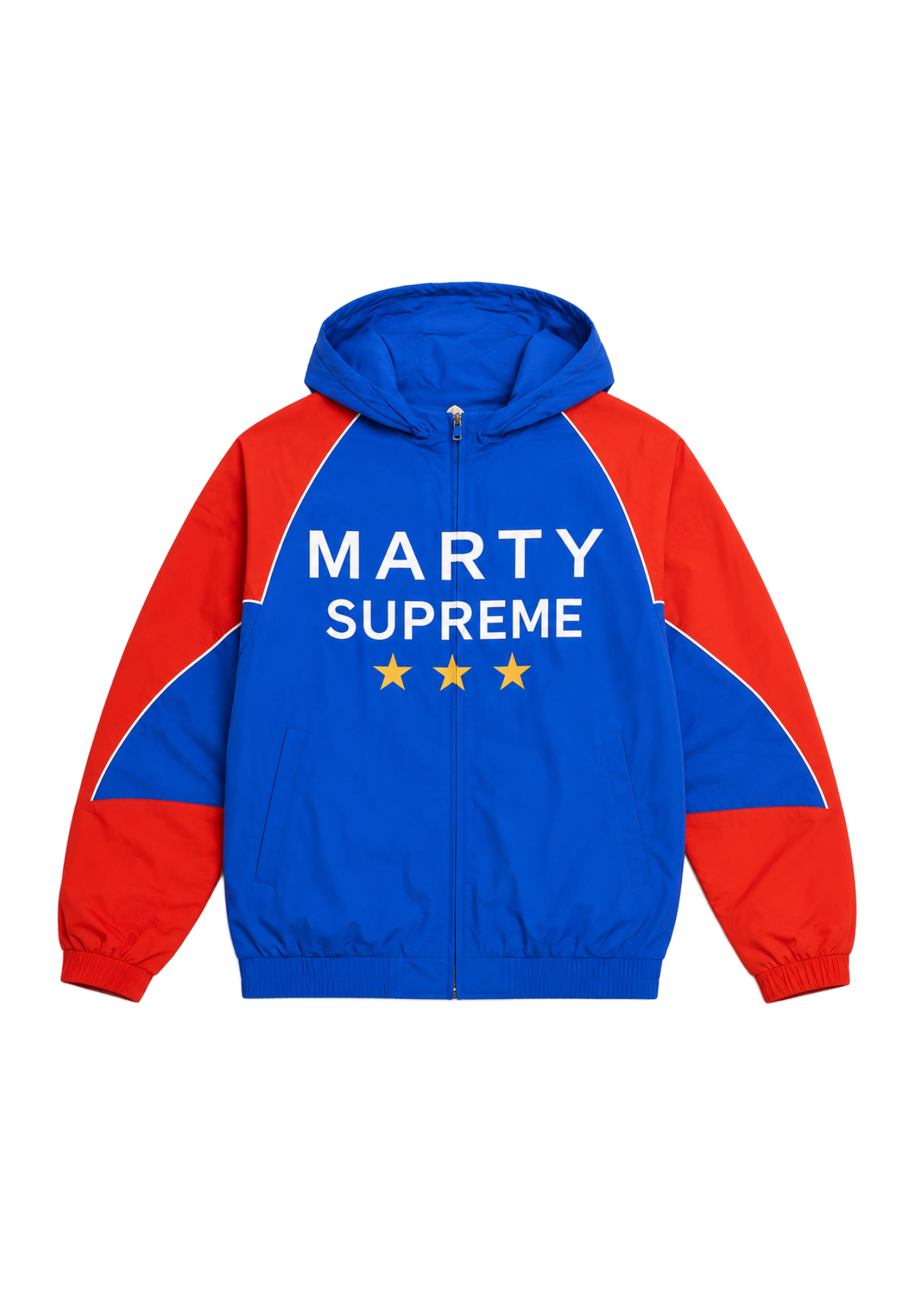 Blue and red hooded Marty Supreme-inspired jacket with white piping, front graphic text, yellow stars, long sleeves, and ribbed hem.