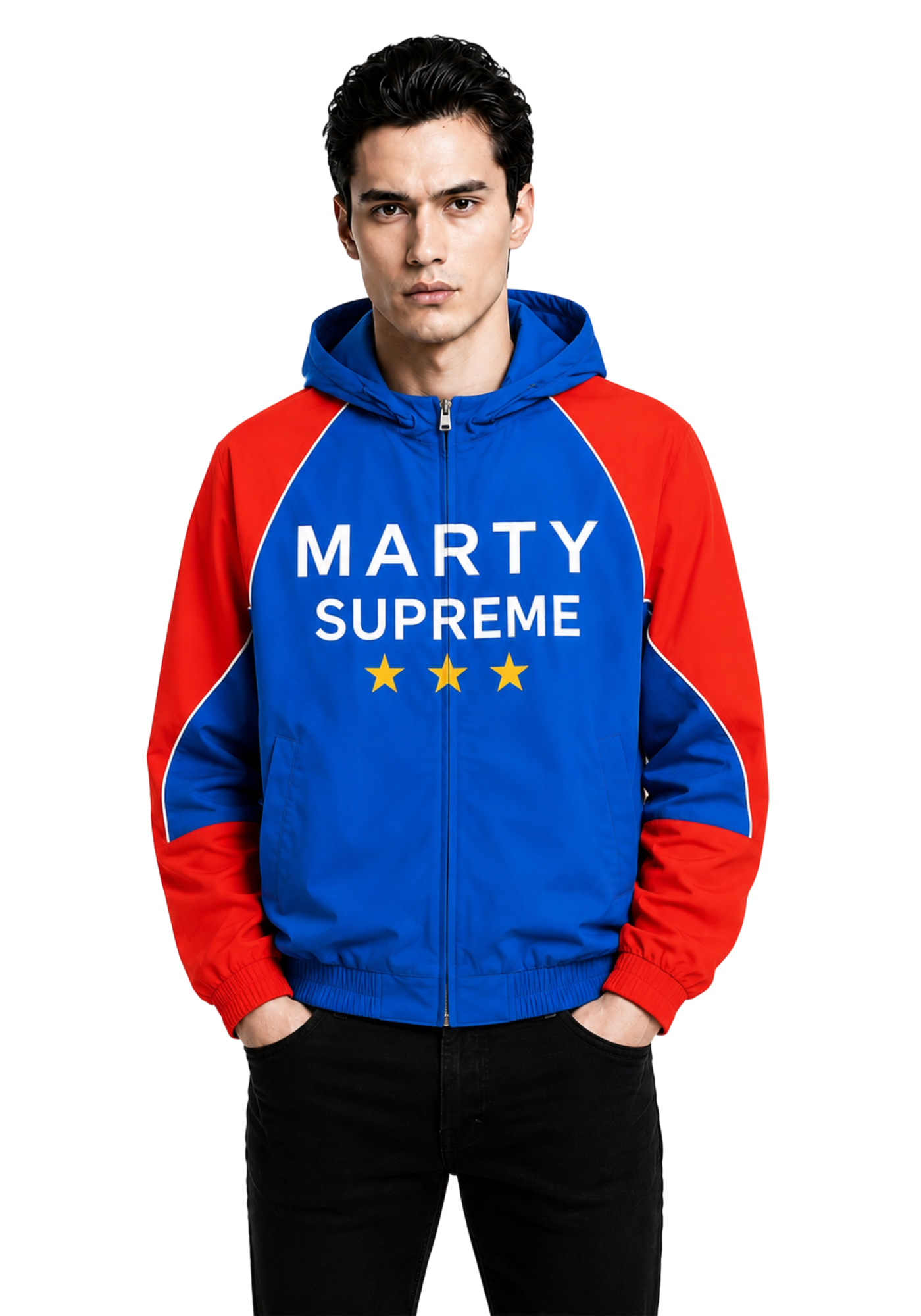 Blue and red hooded Marty Supreme-inspired jacket with white piping, front graphic text, yellow stars, long sleeves, and ribbed hem.