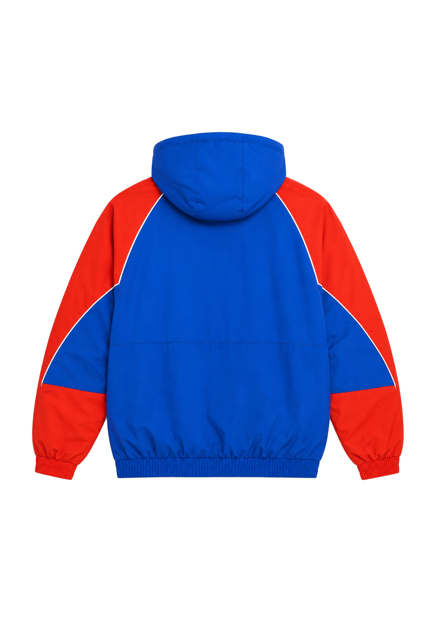 Blue and red hooded Marty Supreme-inspired jacket with white piping, front graphic text, yellow stars, long sleeves, and ribbed hem.