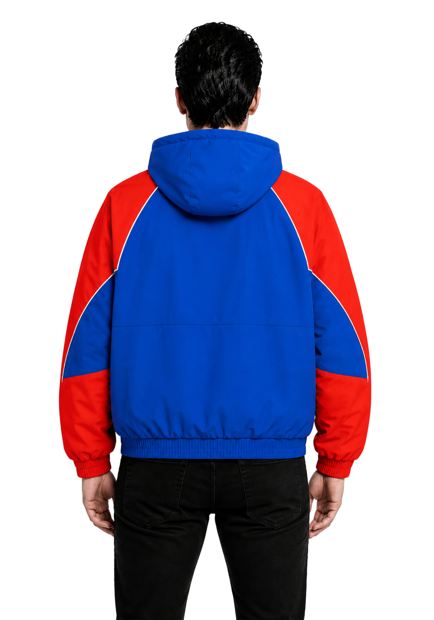 Blue and red hooded Marty Supreme-inspired jacket with white piping, front graphic text, yellow stars, long sleeves, and ribbed hem.