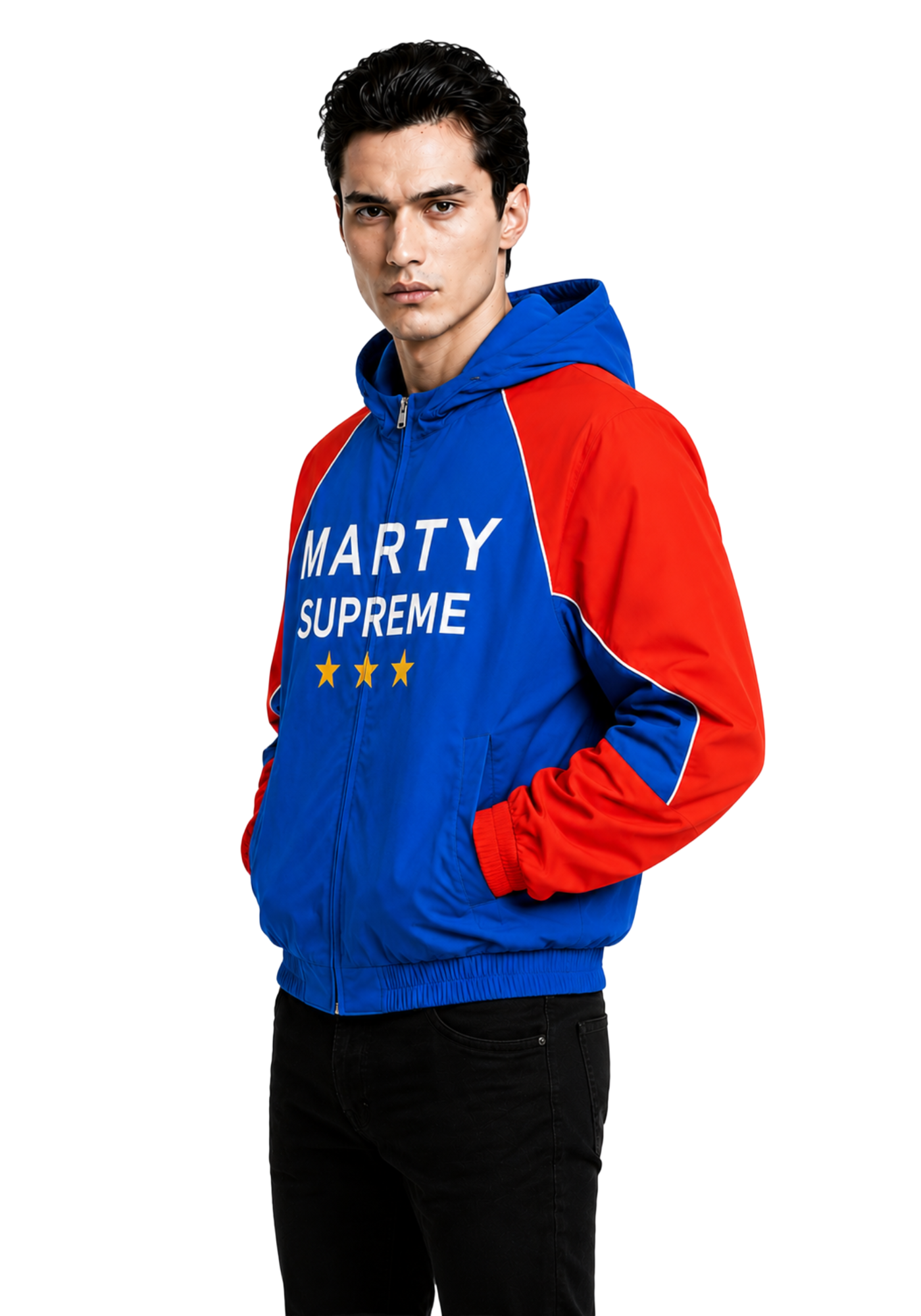 Blue and red hooded Marty Supreme-inspired jacket with white piping, front graphic text, yellow stars, long sleeves, and ribbed hem.