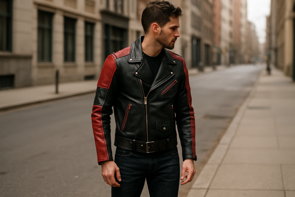 Man in a black and red biker jacket with jeans and boots on a city sidewalk