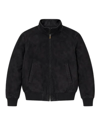 Men's black stand collar zip jacket with long sleeves, angled front pockets, raglan seams, ribbed cuffs, and ribbed hem.