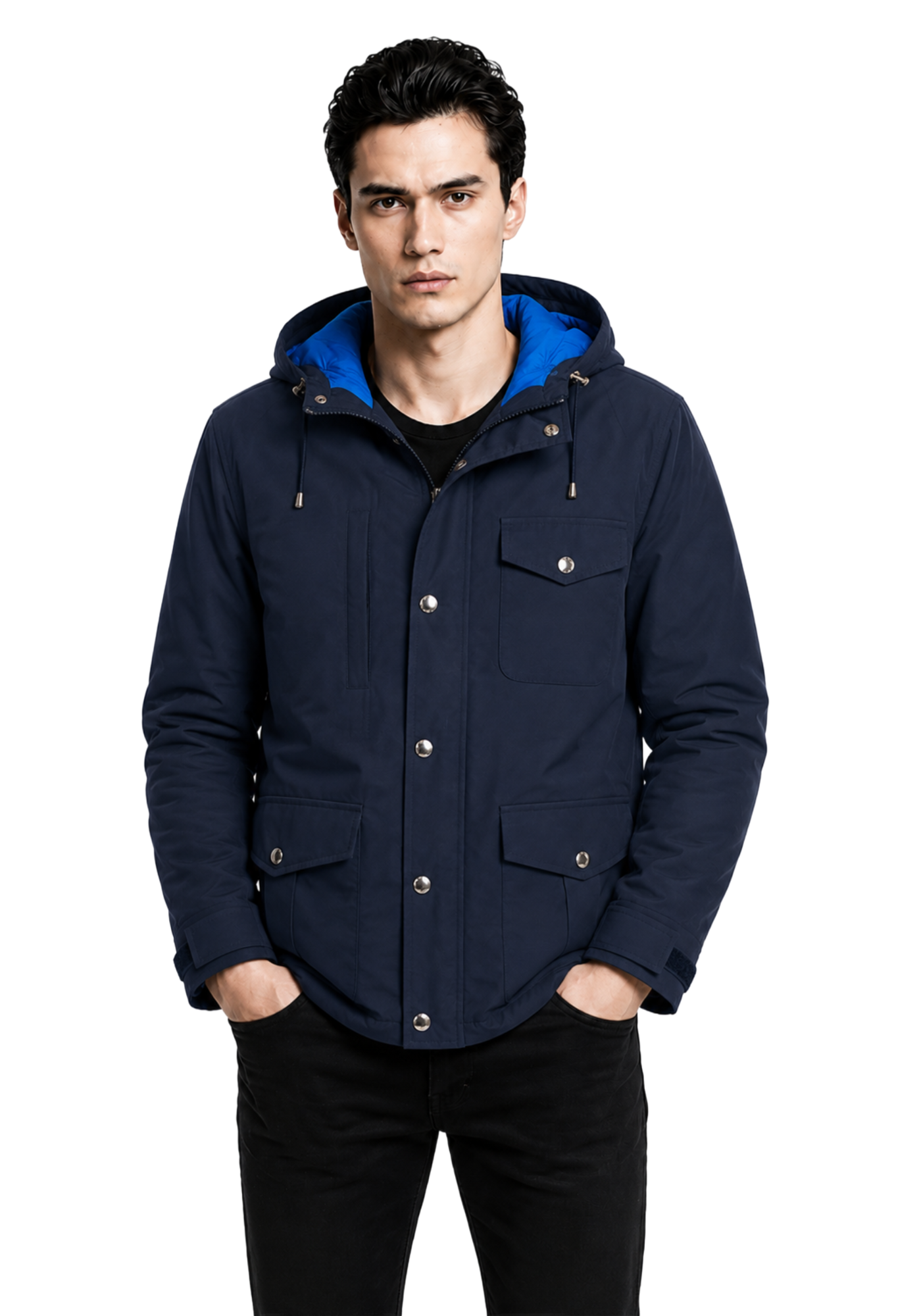 Men's navy hooded parka with snap front, flap pockets, long sleeves, adjustable cuffs, drawcord hood, and straight mid-length shape.