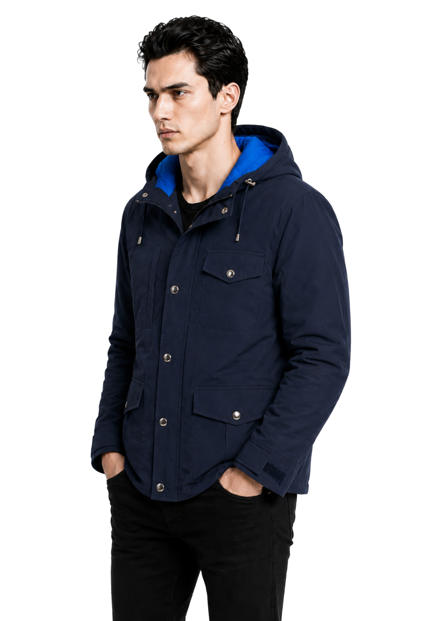 Men's navy hooded parka with snap front, flap pockets, long sleeves, adjustable cuffs, drawcord hood, and straight mid-length shape.