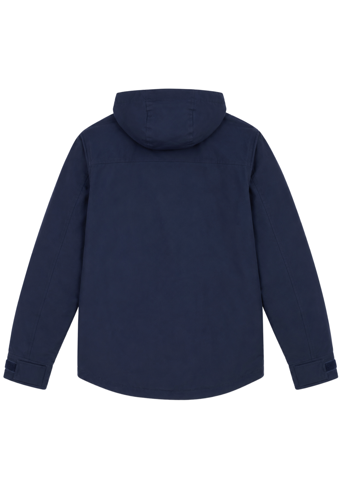 Men's navy hooded parka with snap front, flap pockets, long sleeves, adjustable cuffs, drawcord hood, and straight mid-length shape.