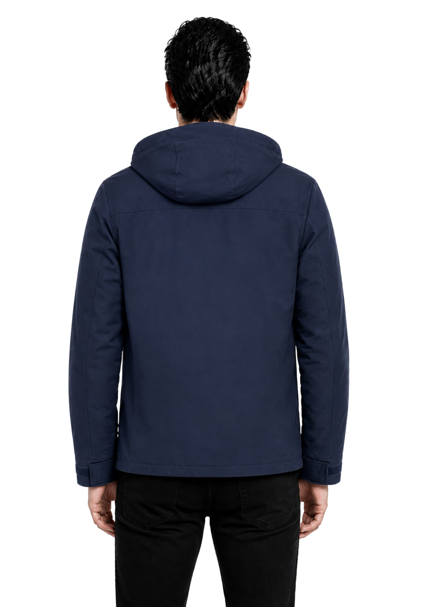 Men's navy hooded parka with snap front, flap pockets, long sleeves, adjustable cuffs, drawcord hood, and straight mid-length shape.