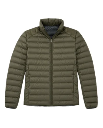 Olive green men's puffer jacket with a waist-length shape, stand collar, horizontal quilting, front zipper, and zippered lower pockets.