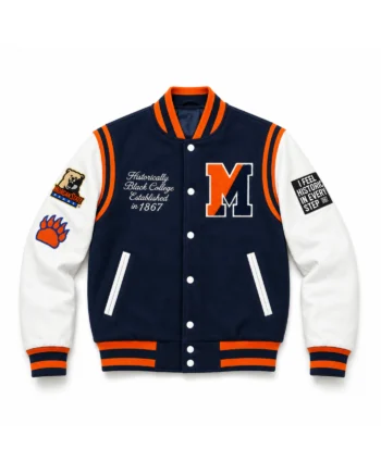 Morgan State University navy varsity jacket with white sleeves, orange ribbed trim, snap buttons, school patches, and bold back lettering