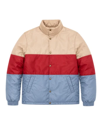 Beige, red, and light blue Otis Milburn inspired colorblock jacket with stand collar, button front, angled pockets, and long sleeves