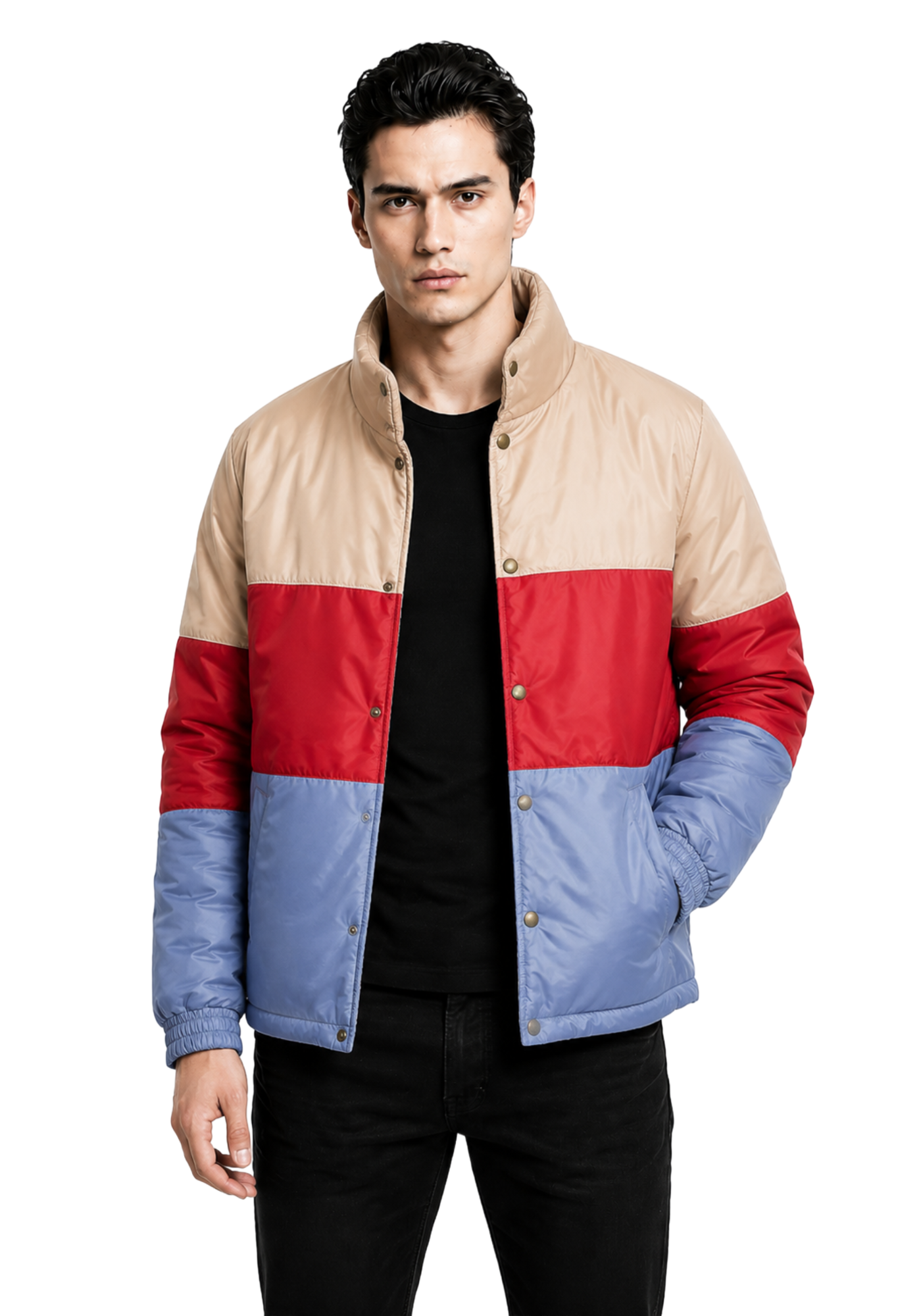 Beige, red, and light blue Otis Milburn inspired colorblock jacket with stand collar, button front, angled pockets, and long sleeves