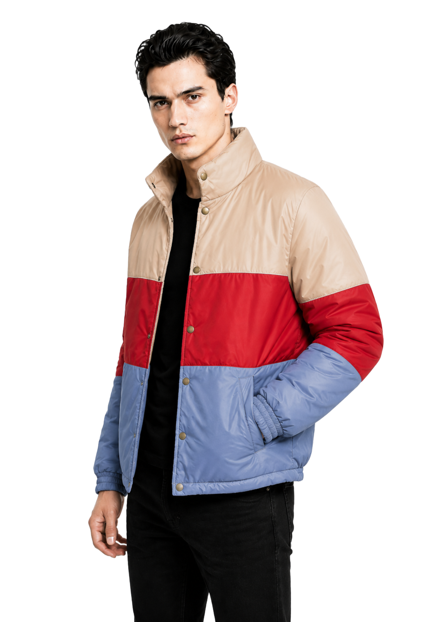 Beige, red, and light blue Otis Milburn inspired colorblock jacket with stand collar, button front, angled pockets, and long sleeves