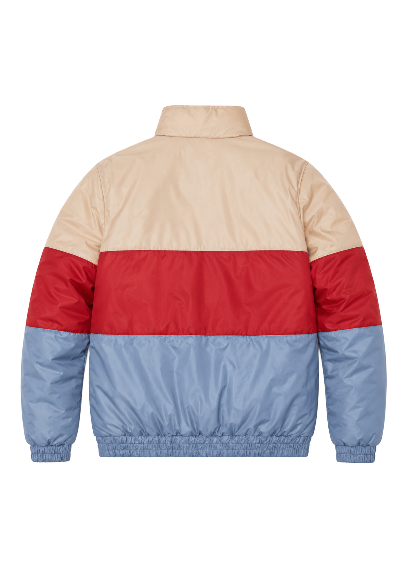 Beige, red, and light blue Otis Milburn inspired colorblock jacket with stand collar, button front, angled pockets, and long sleeves