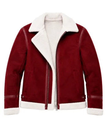 Burgundy and white Spirited-inspired shearling jacket with front zipper, broad collar, contrasting trim, long sleeves, and paneled back
