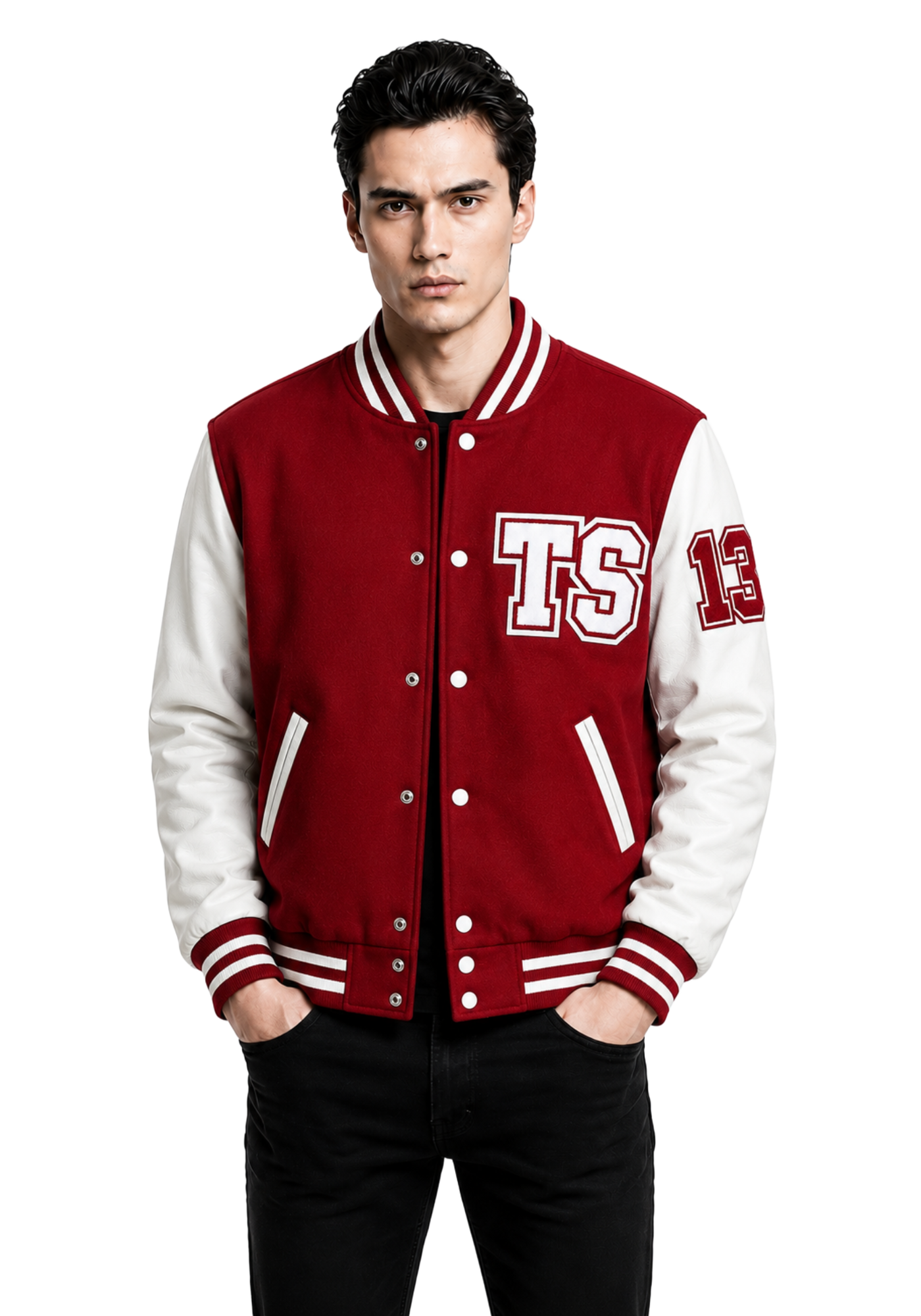 Red and white Taylor Swift-inspired varsity jacket with snap buttons, TS chest patch, 13 sleeve number, striped trim, and THE RED TOUR back lettering