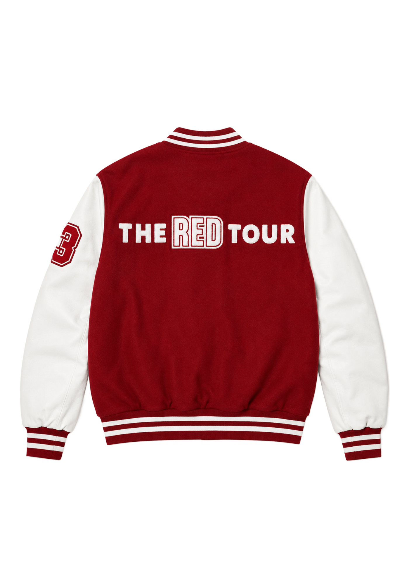 Red and white Taylor Swift-inspired varsity jacket with snap buttons, TS chest patch, 13 sleeve number, striped trim, and THE RED TOUR back lettering