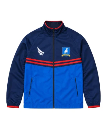 Navy and royal blue Ted Lasso inspired track jacket with red trim, chest graphics, raised collar, long sleeves, and front zipper