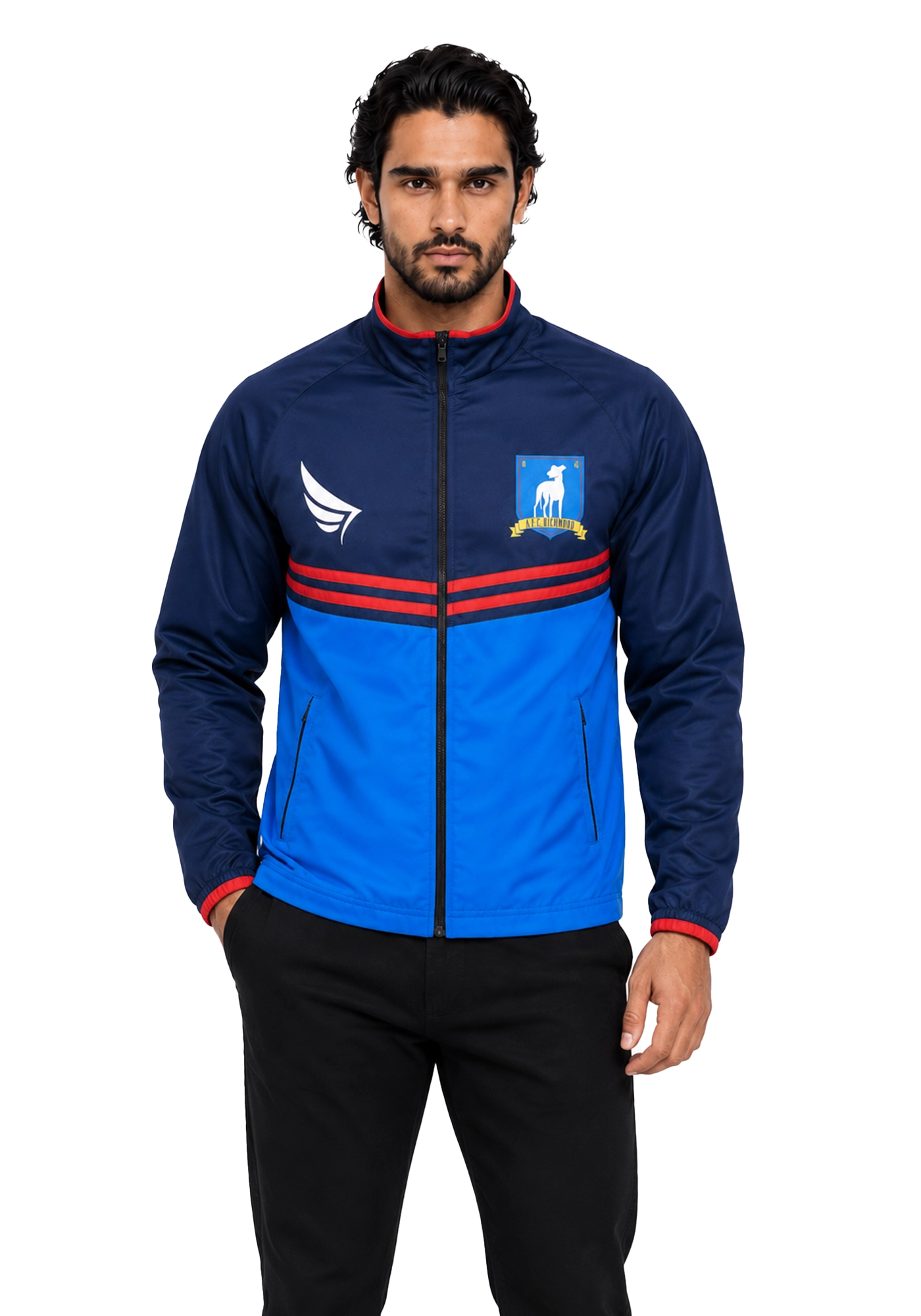 Navy and royal blue Ted Lasso inspired track jacket with red trim, chest graphics, raised collar, long sleeves, and front zipper